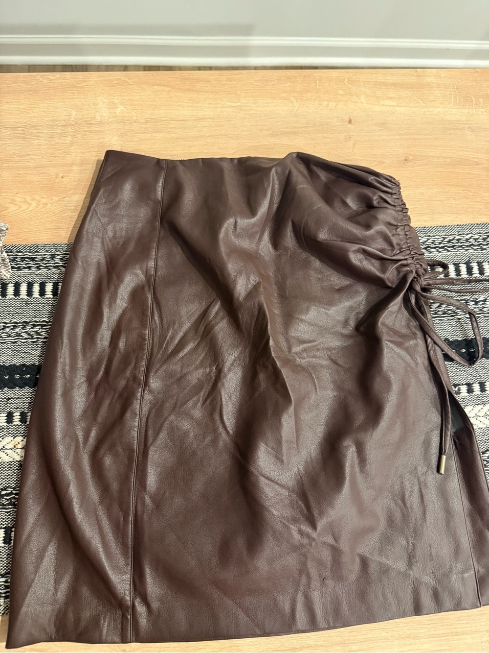 House of Harlow 1960 Brown Faux Leather Pencil Skirt with Drawstring Detail